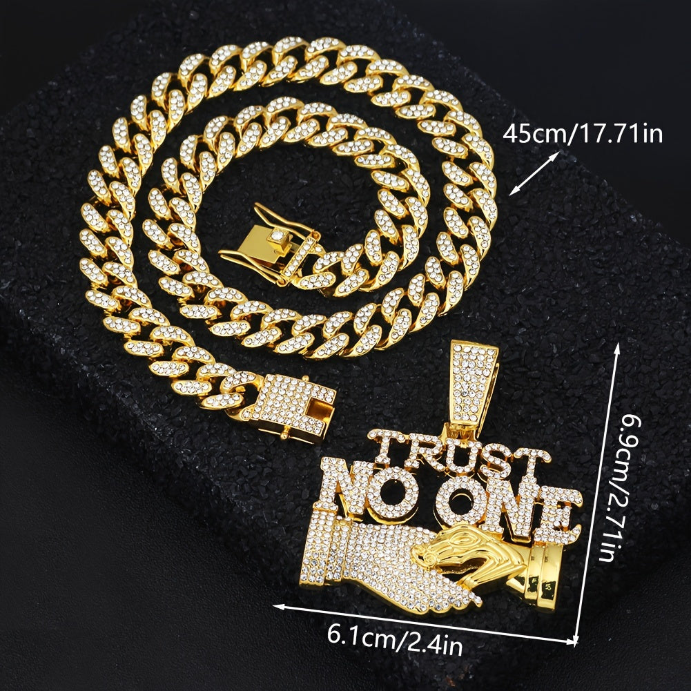 1pc Trust No One Pendant Necklace for Men & Women - Edgy Hip-Hop Cuban Link Chain with Rhinestone Accents, Bold Statement Jewelry Gift for Birthdays, Father's Day, Mother's Day, Statement Necklace | Luxury Pendant | Highquali